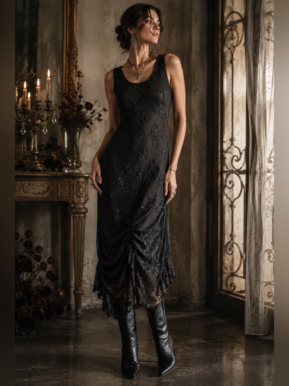 Marrika Nakk Cowgirls Black Lace Midi Dress Gothic Romantic Western